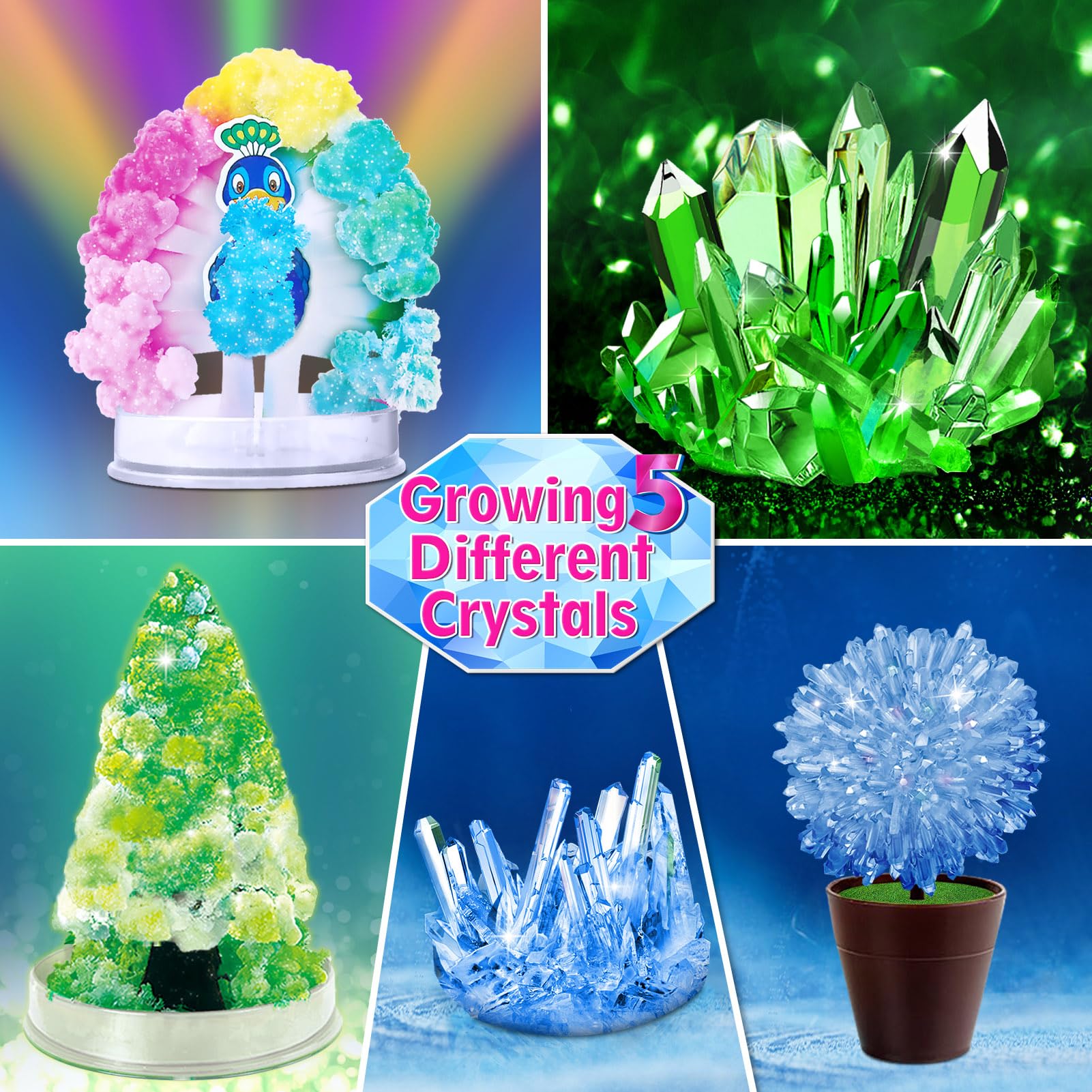UNGLINGA crystal growing Christmas tree demonstrates colorful crystals forming on festive shapes.