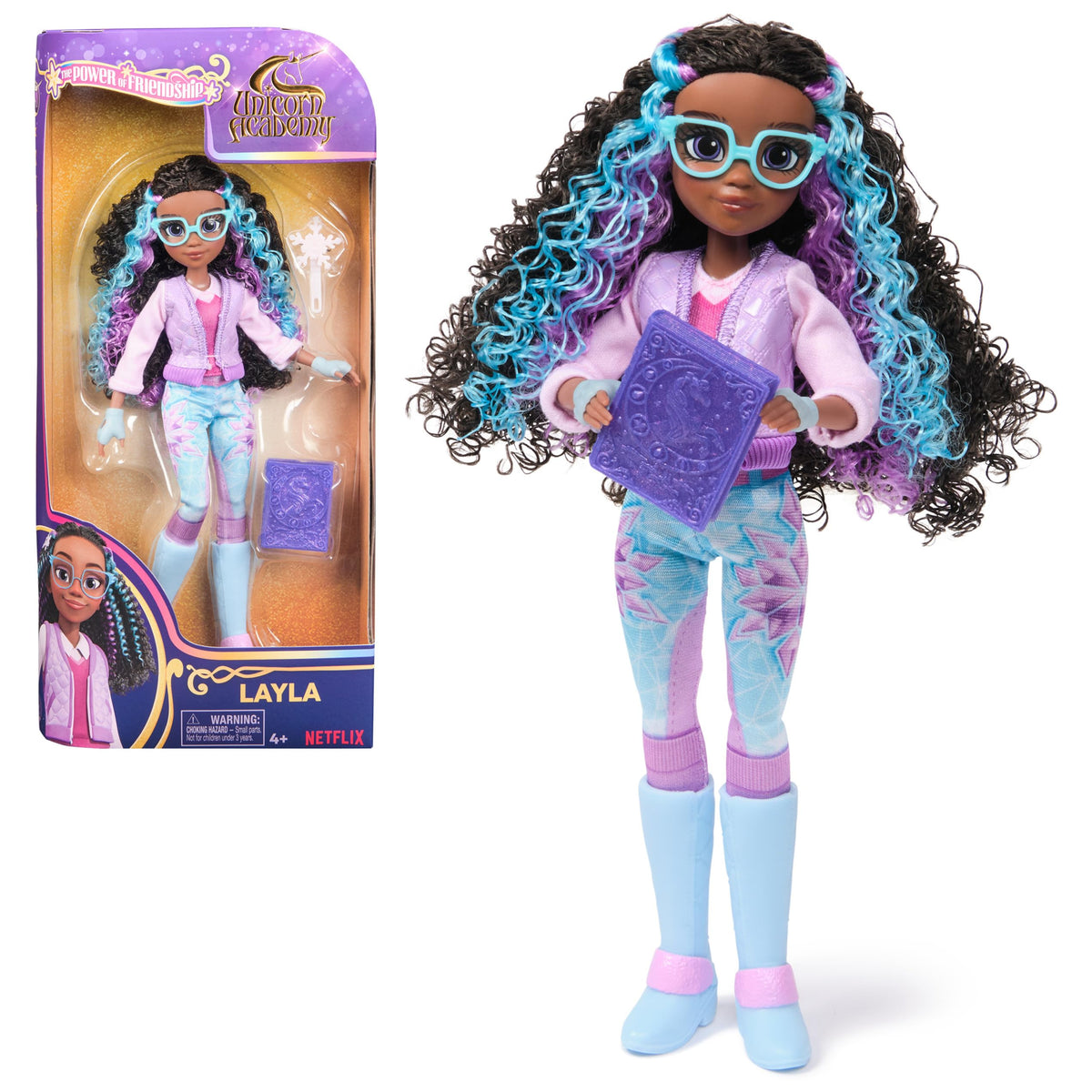 Unicorn Academy Layla with curly hair highlights ready for imaginative play.