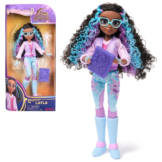 Unicorn Academy Layla with curly hair highlights ready for imaginative play.