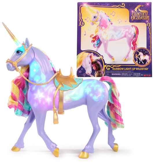 Unicorn Academy Rainbow Light-up Wildstar face: touch activates lights and friendly sounds for bonding moments.