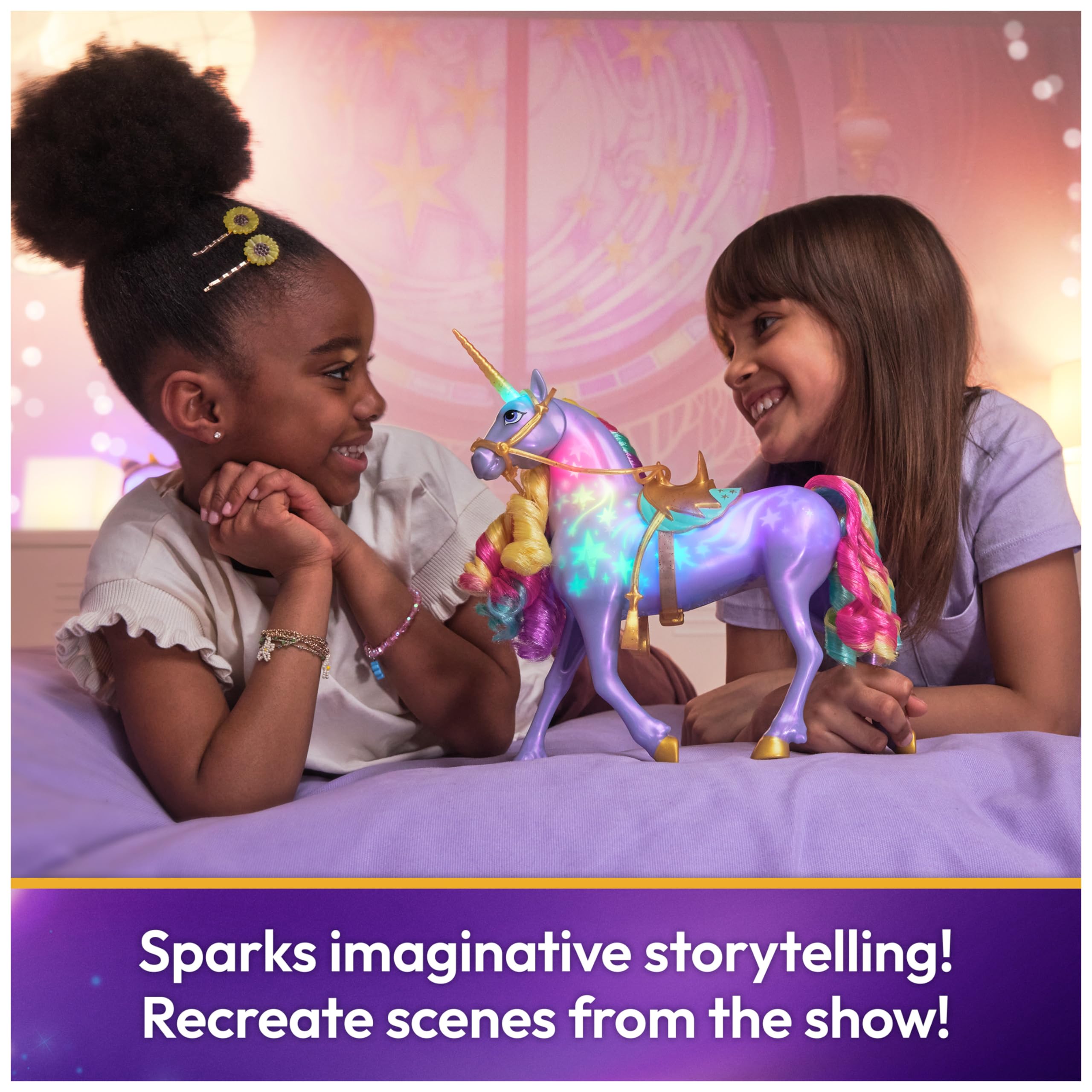 Unicorn Academy Rainbow Light-up Wildstar saddle: removable accessory supports imaginative fashion.