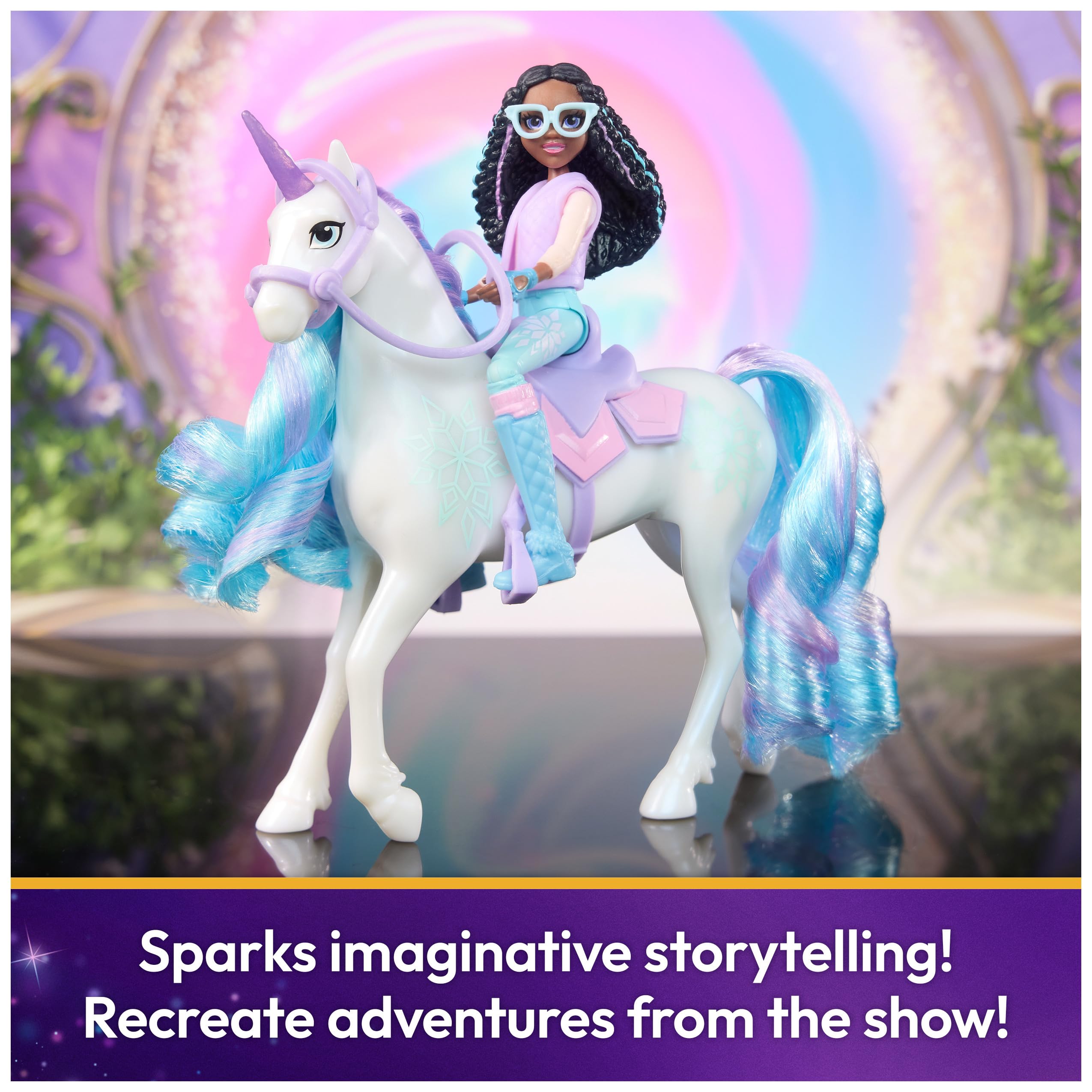 Unicorn Academy Removable-Saddle-Bridle enables secure riding poses with Layla on Glacier.