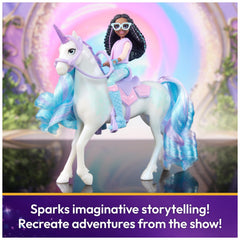 Unicorn Academy Removable-Saddle-Bridle enables secure riding poses with Layla on Glacier.