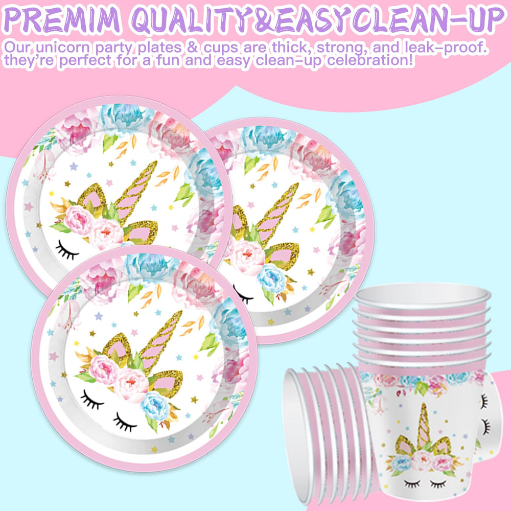 Unicorn Birthday Party Supplies: tablecloth, banner, and cake topper for cohesive setup