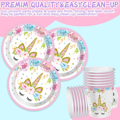 Unicorn Birthday Party Supplies: tablecloth, banner, and cake topper for cohesive setup