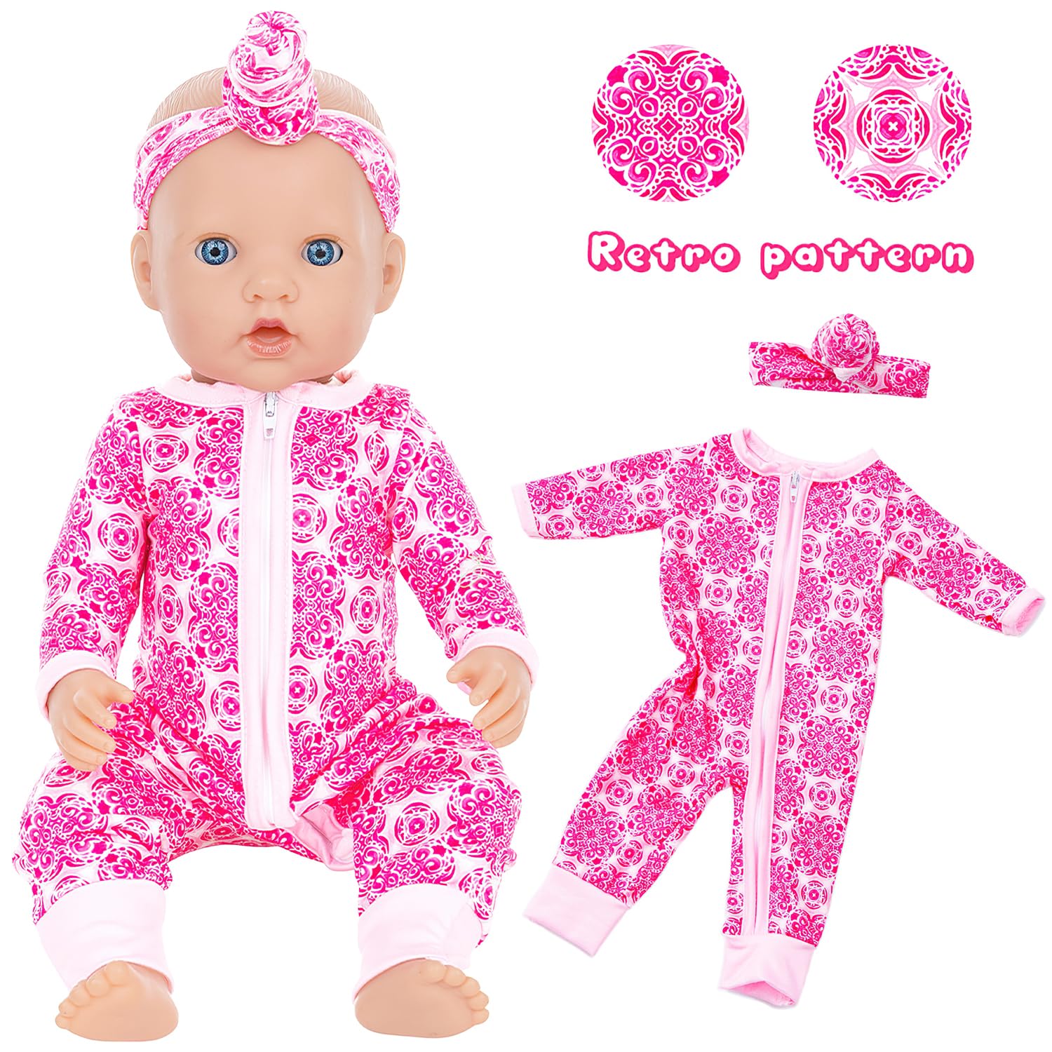 UNICORN ELEMENT flower jumpsuit on a doll, cheerful print and comfy fit.