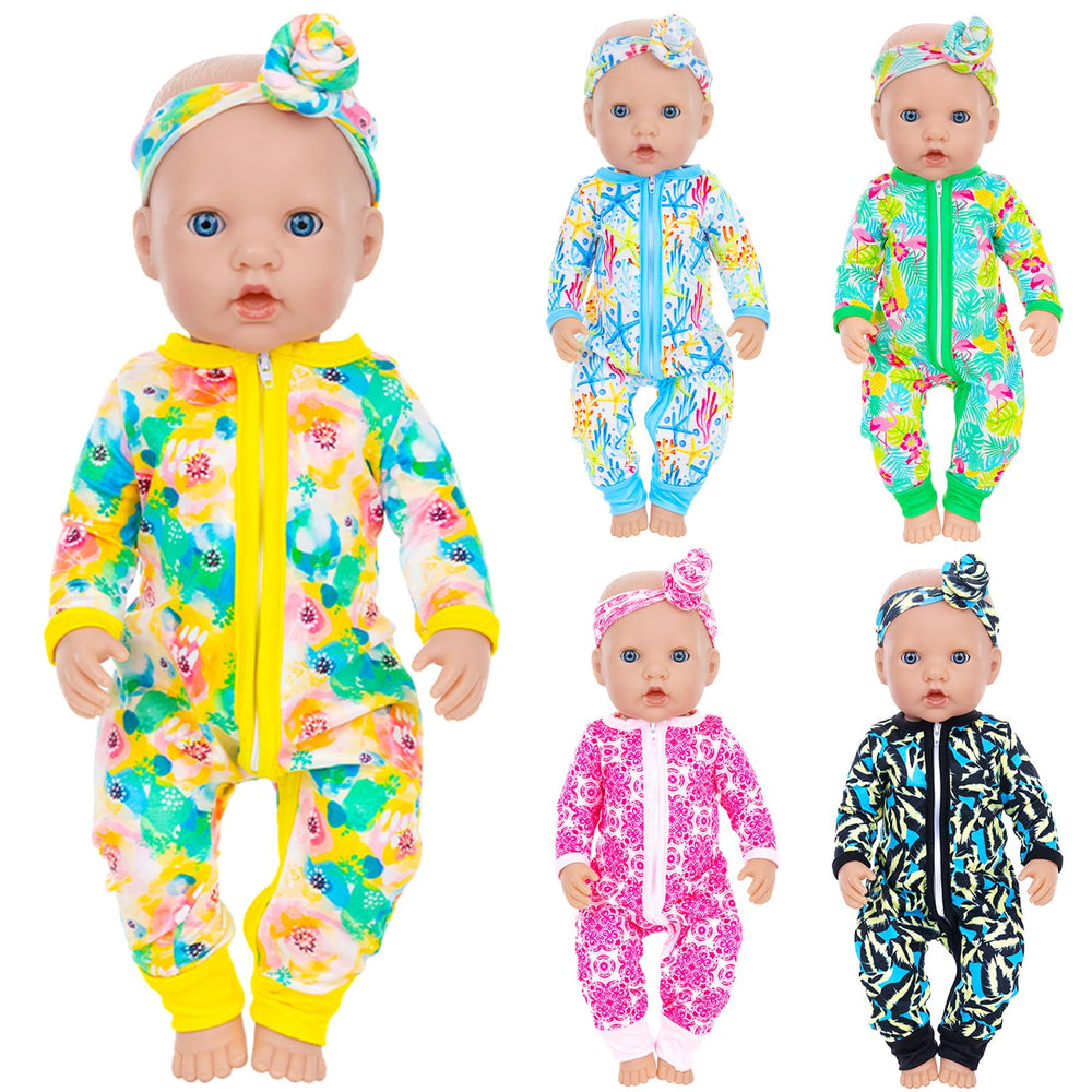 UNICORN ELEMENT leaf-pattern jumpsuit on a doll, soft fabric and bright colors.