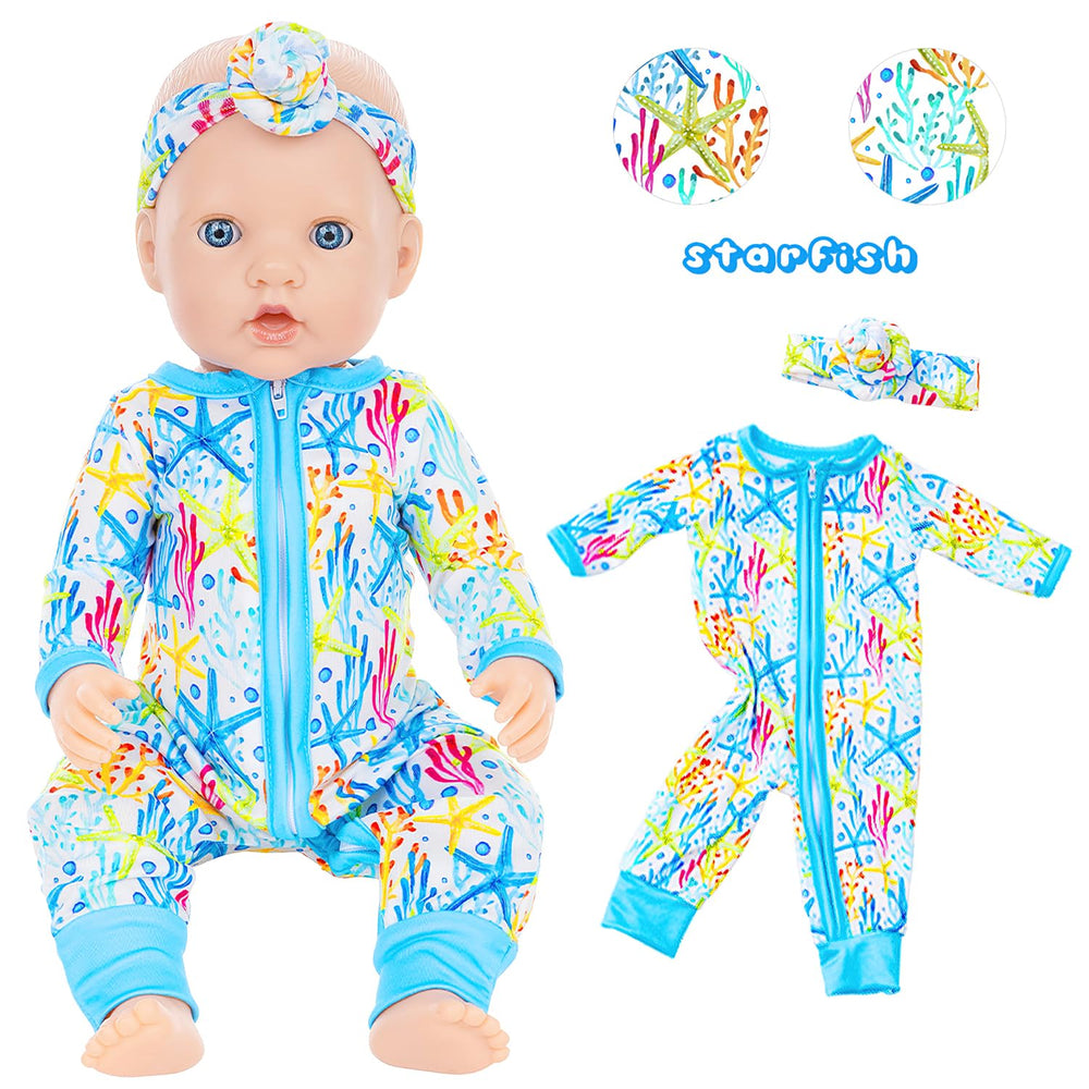 UNICORN ELEMENT starfish jumpsuit on a doll, coastal-inspired style.