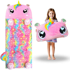 Unicorn Slumber sleeping bag folded into a plush toy for play and décor.
