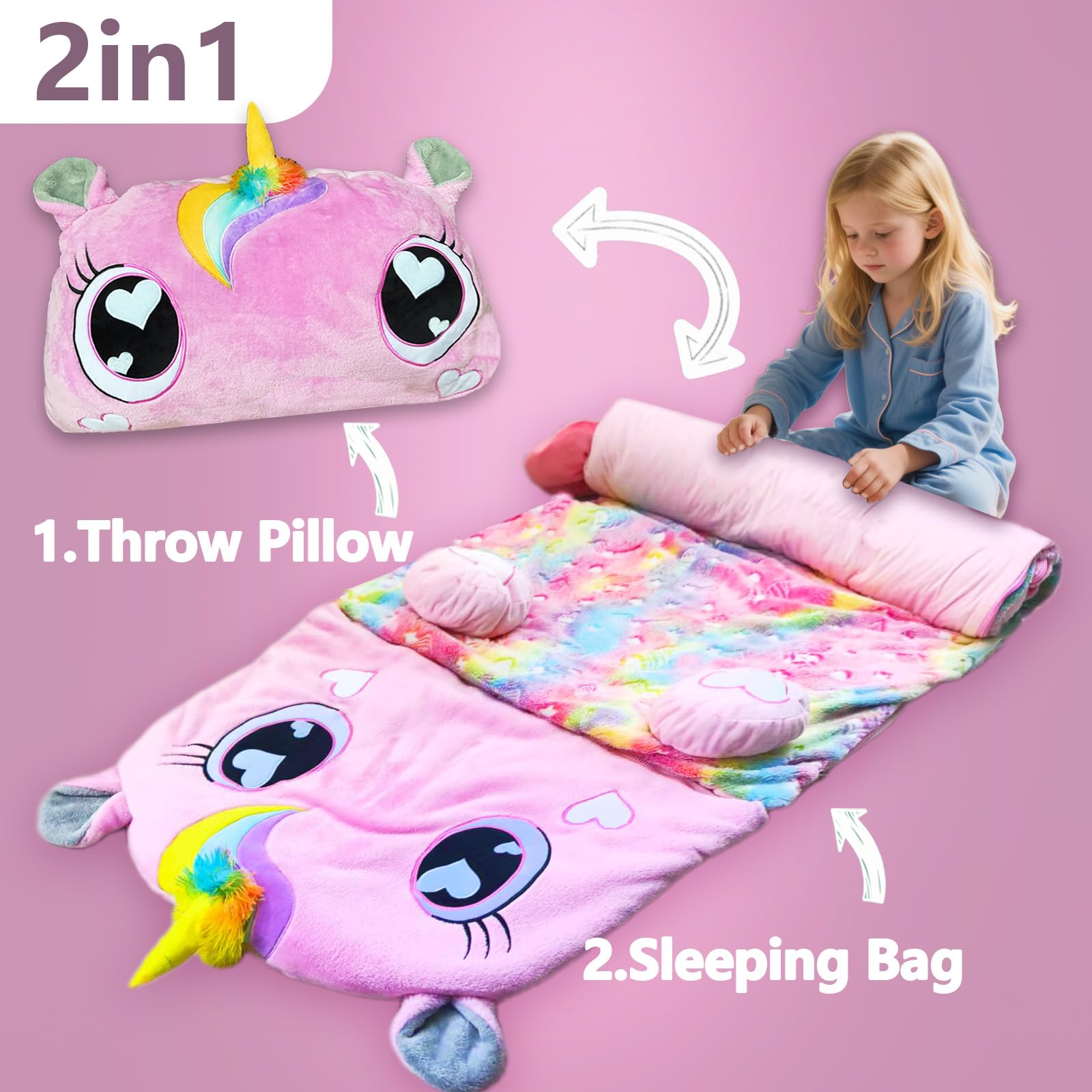 Unicorn Slumber sleeping bag used as a nap mat, ideal for daycare or travel.
