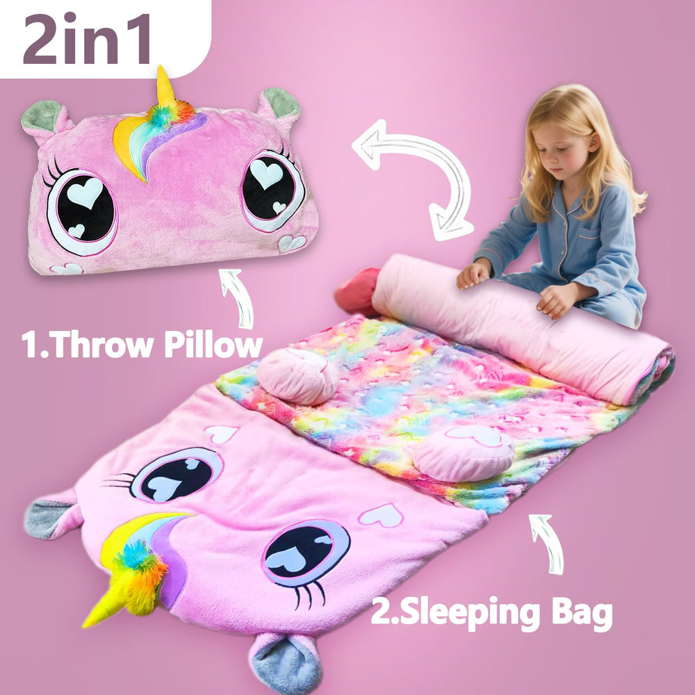 Unicorn Slumber sleeping bag used as a nap mat, ideal for daycare or travel.