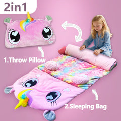 Unicorn Slumber sleeping bag used as a nap mat, ideal for daycare or travel.