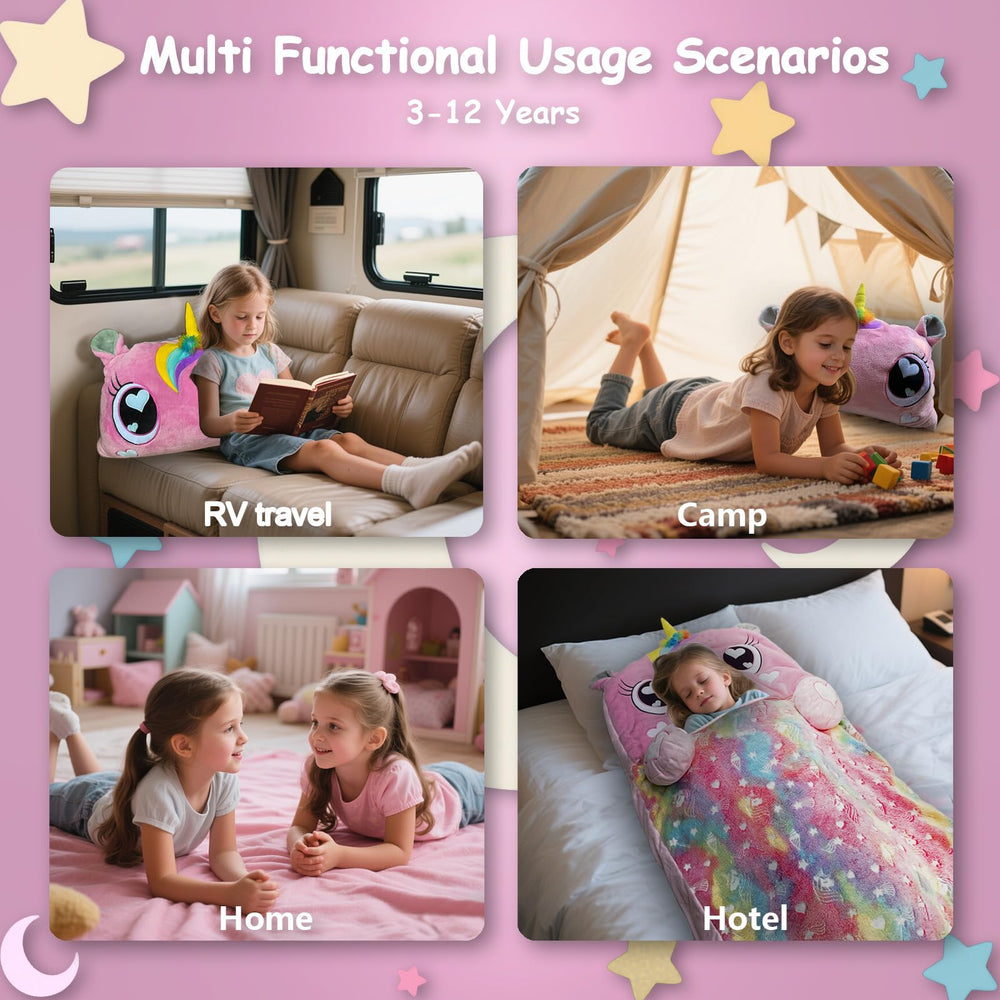 Unicorn Slumber sleeping bag with soft plush exterior, offering cozy comfort year-round.