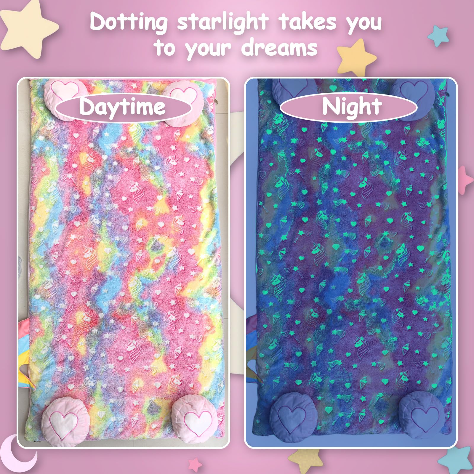 Unicorn Slumber large 70x30 sleeping bag, spacious room for kids ages 3-12.