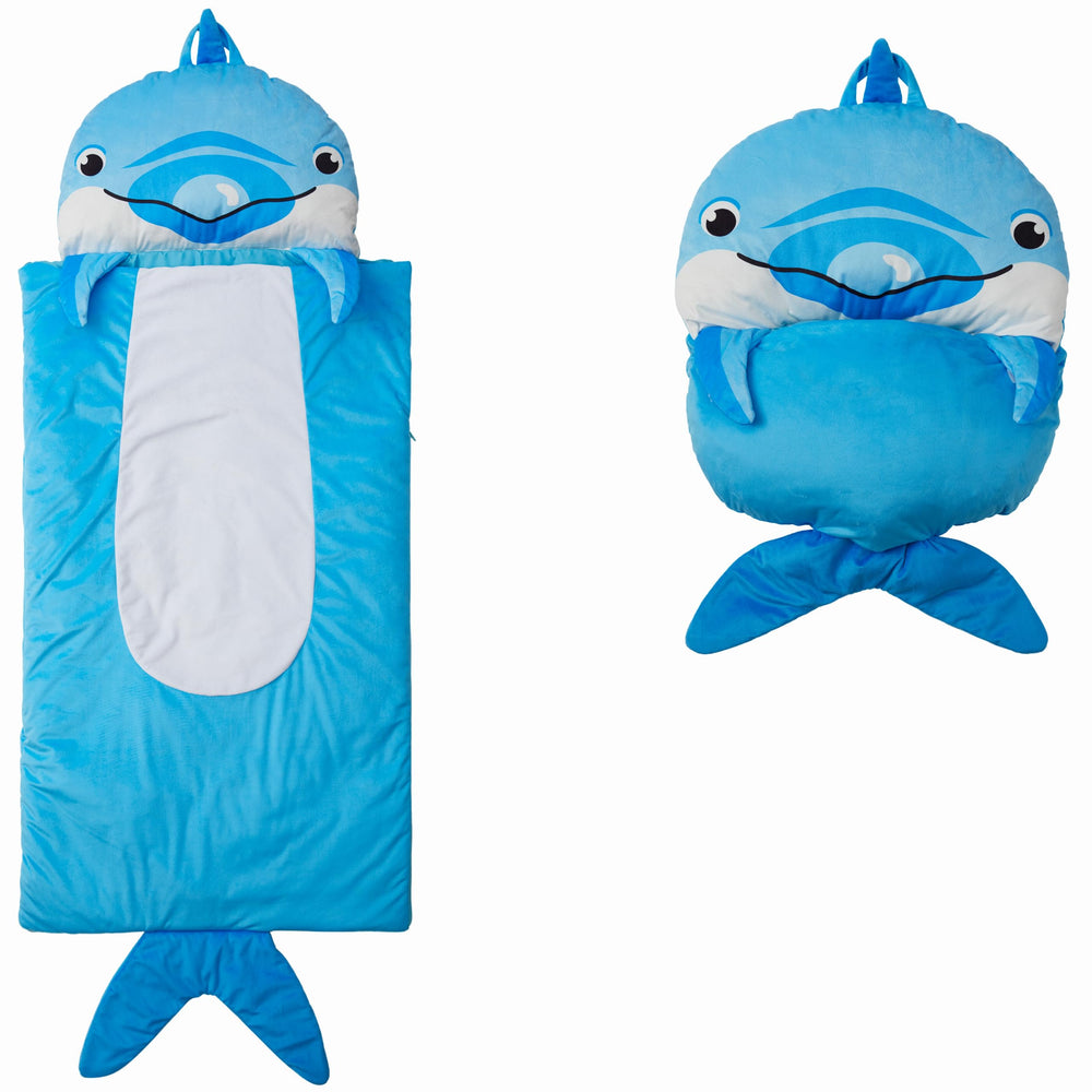 Unicorns & Robots Nap Buddy dolphin sleeping bag for cozy sleepovers and travel.