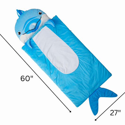 Unicorns & Robots Nap Buddy rolled-pillow design enables compact storage and portability.