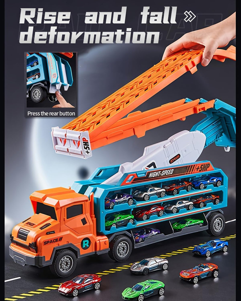 Unimoly Carrier Truck front grille slide-out action adds a surprise finish during play.