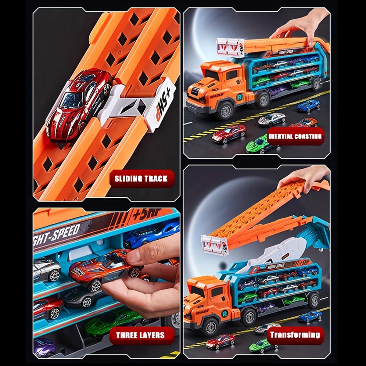 Unimoly Carrier Truck storage cabins neatly organize eight metal cars.