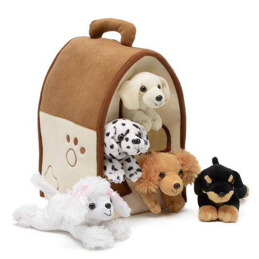 Unipak plush dog house set with five soft dogs for cozy playtime and storage.