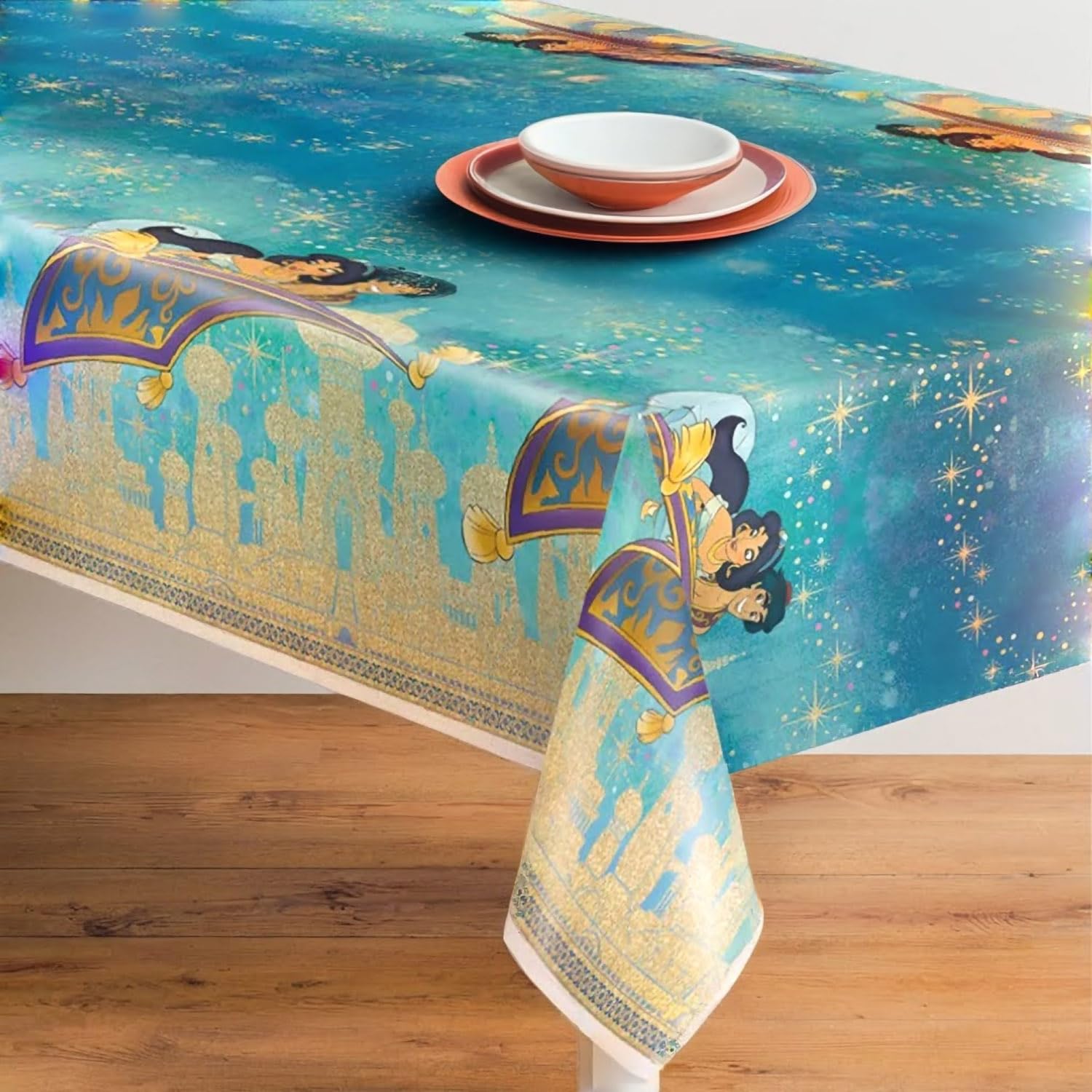 Unique Aladdin rectangular table cover on table highlighting its durable plastic construction.