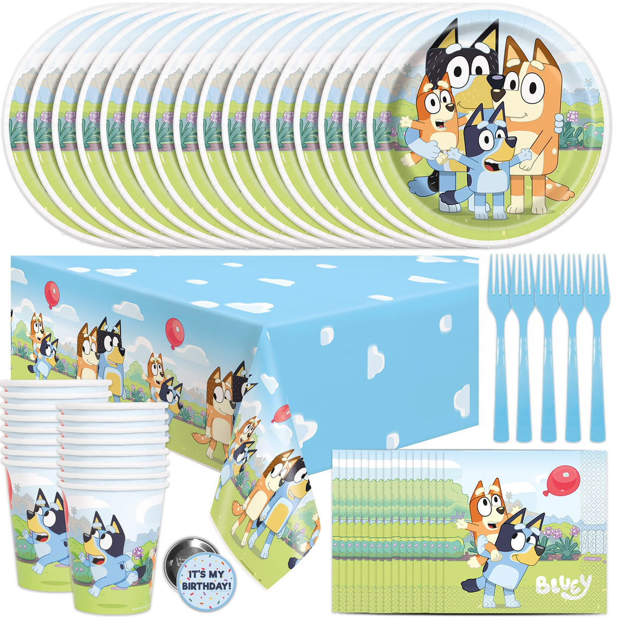 Unique Bluey table cover protects surfaces while tying the party theme together.