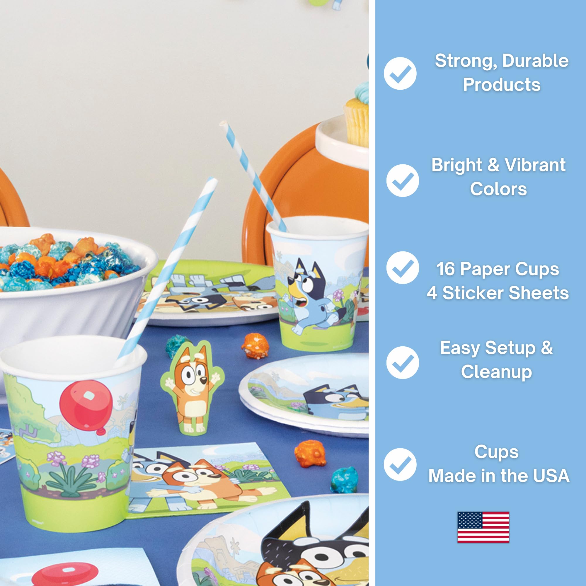Unique Bluey cups stacked for easy, quick table prep.