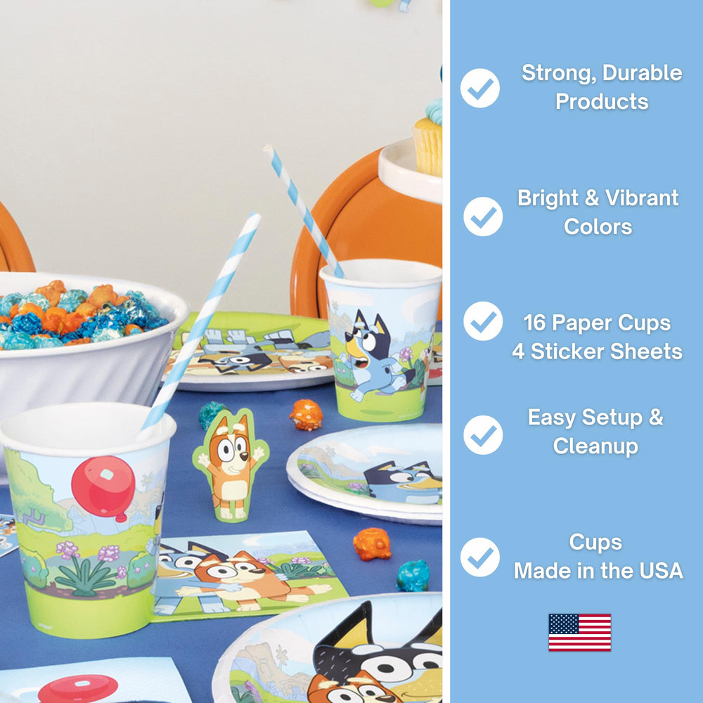 Unique Bluey cups stacked for easy, quick table prep.