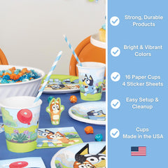 Unique Bluey cups stacked for easy, quick table prep.
