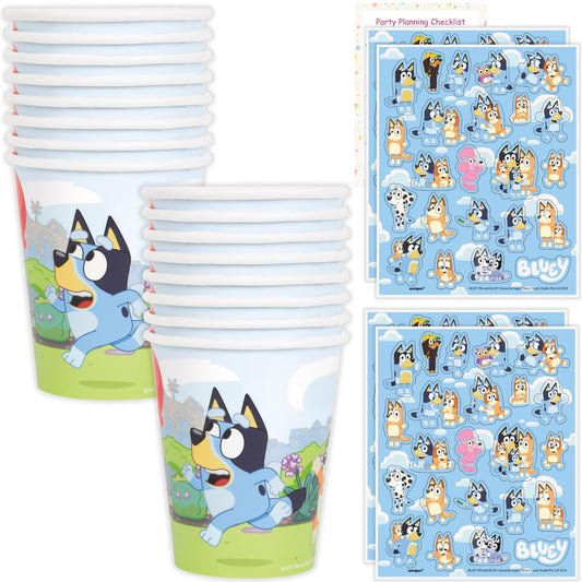 Unique Bluey cups and stickers pack on display for a playful centerpiece.