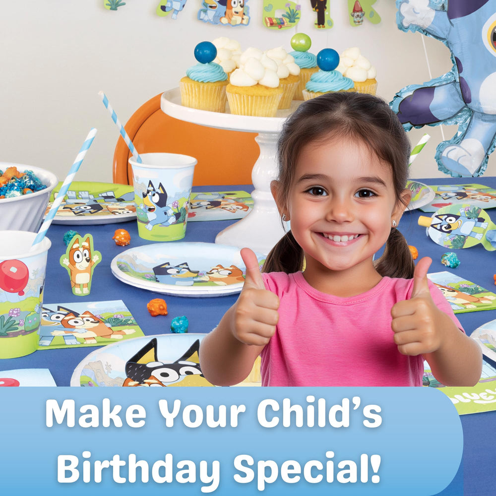 Unique Bluey decor visuals with matching plates and banner for cohesive theme.