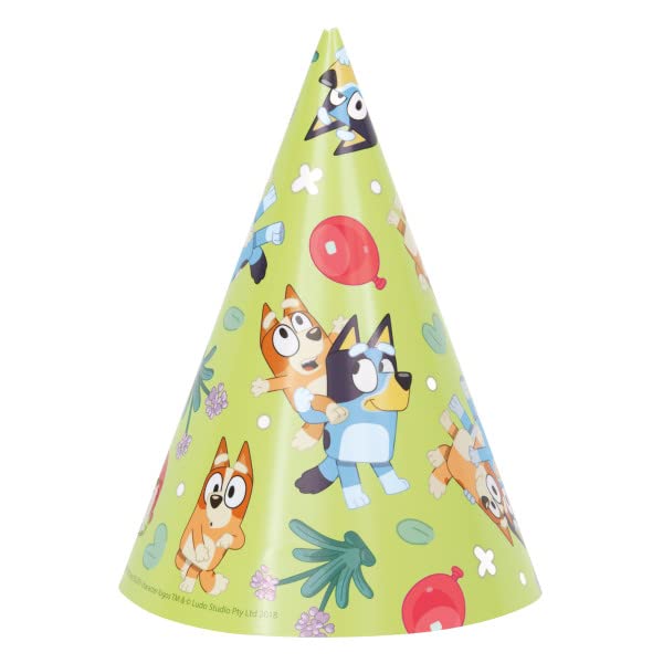 Unique Bluey hat cones pack displays playful essentials for memorable party styling.
