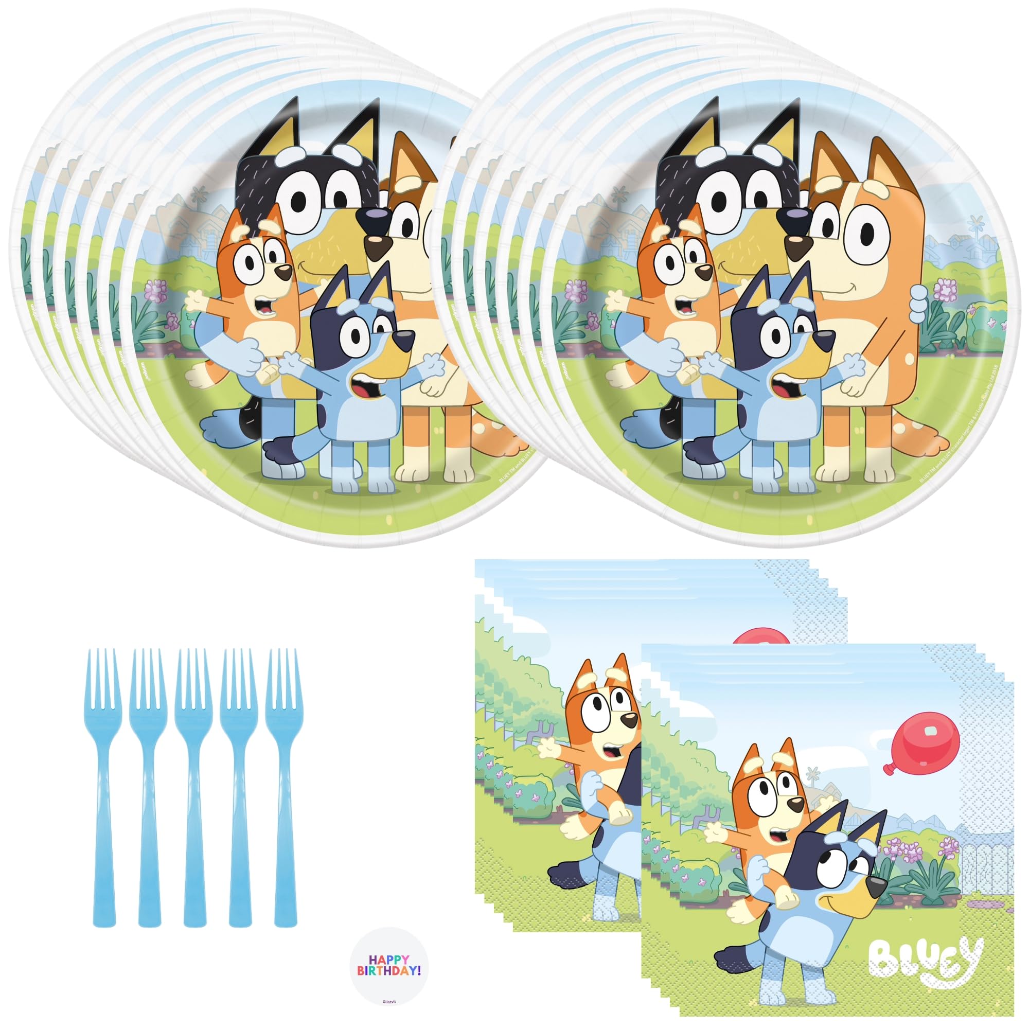 Unique Bluey dinner plates for 16 guests, vibrant and disposable.