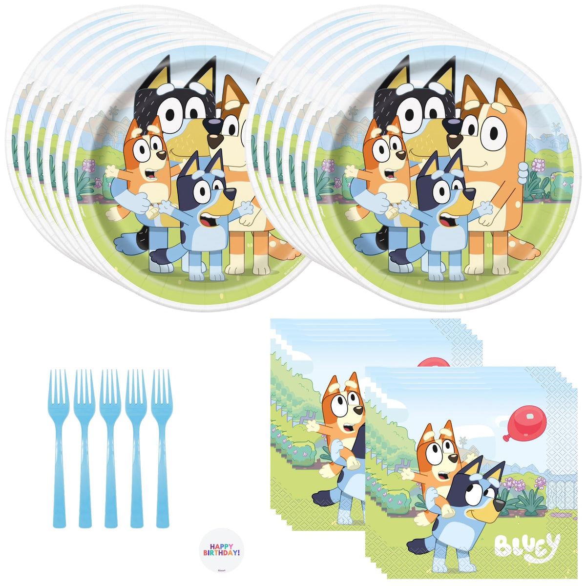 Unique Bluey dinner plates for 16 guests, vibrant and disposable.