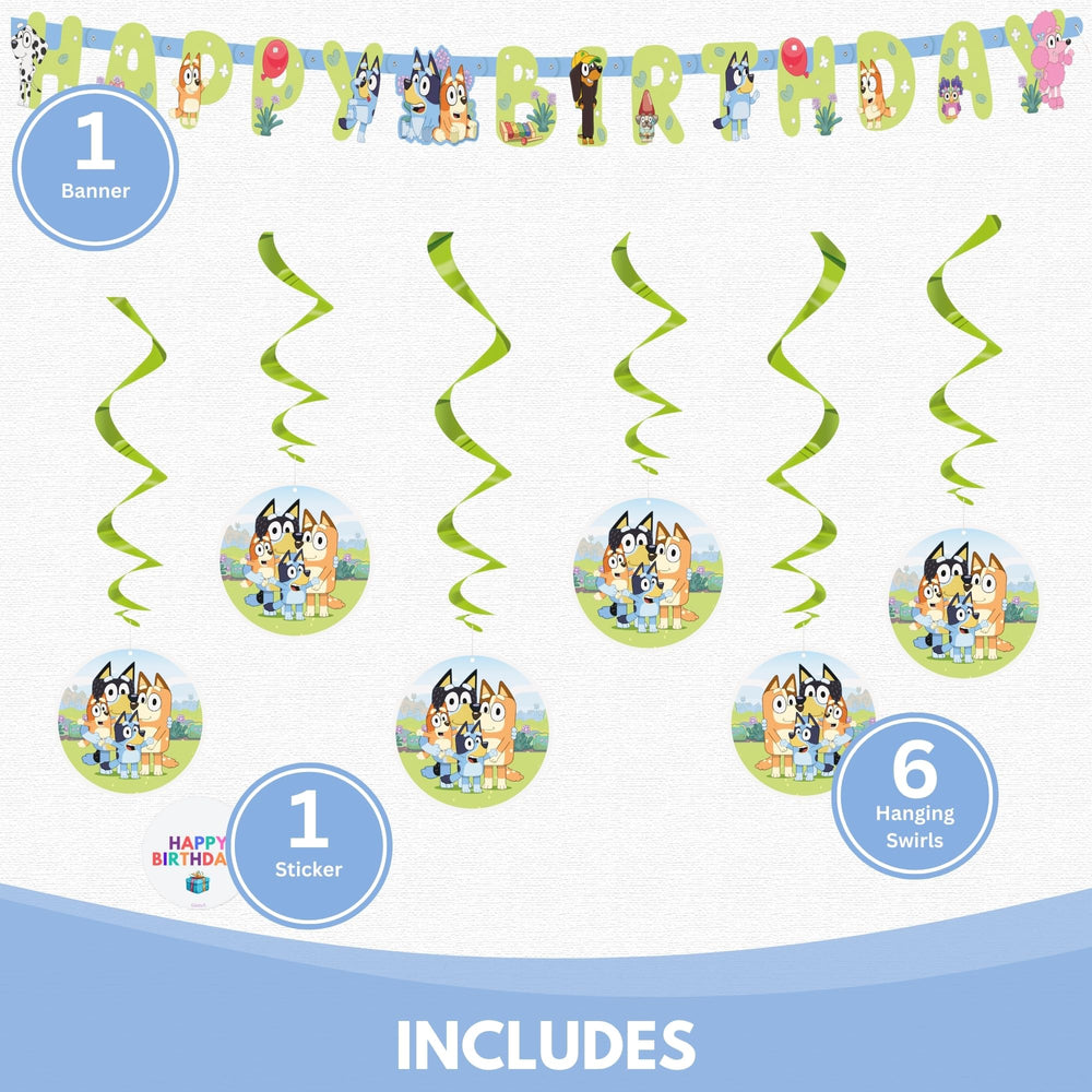 Unique Bluey banner on wall creates a playful photo backdrop for guests.