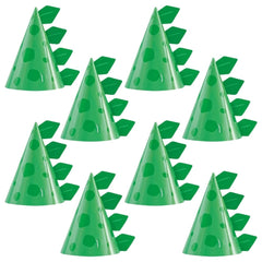 Unique green cone dinosaur hats 8-pack on table for party decor