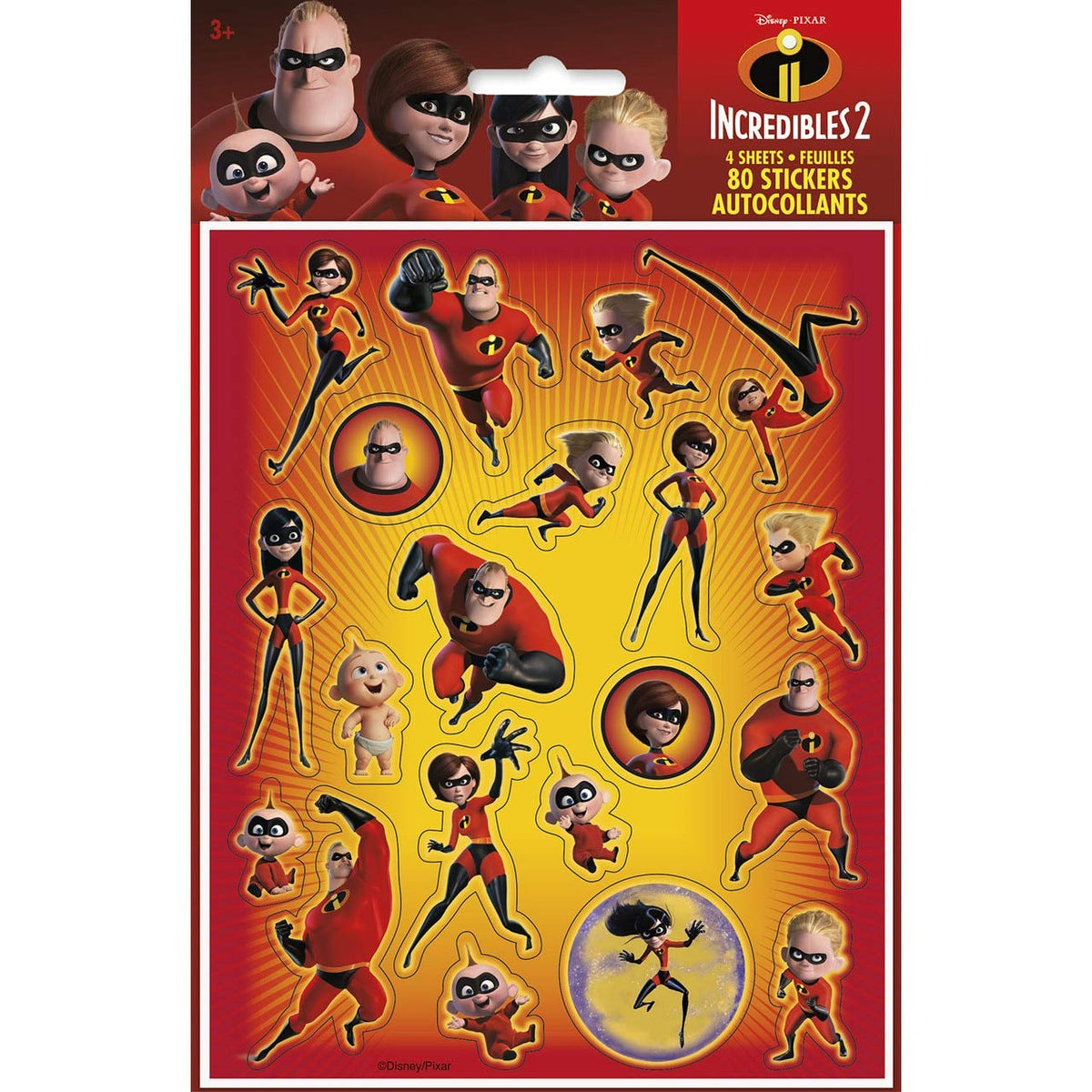 Unique Disney The Incredibles 2 sticker sheets offer action-packed designs for party favors.