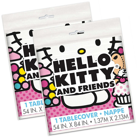 Unique Hello Kitty tablecloth pattern closeup, bright colors for a cheerful celebration.