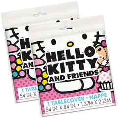 Unique Hello Kitty tablecloth pattern closeup, bright colors for a cheerful celebration.