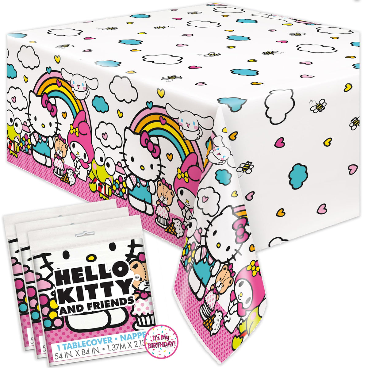 Unique Hello Kitty rectangle tablecloth draped on a party table for festive decor