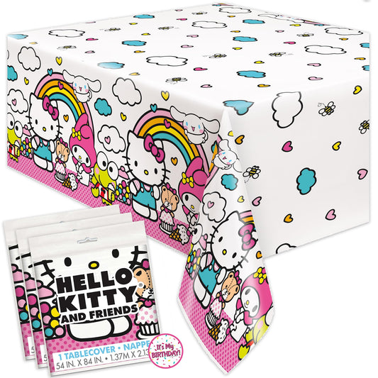 Unique Hello Kitty rectangle tablecloth draped on a party table for festive decor