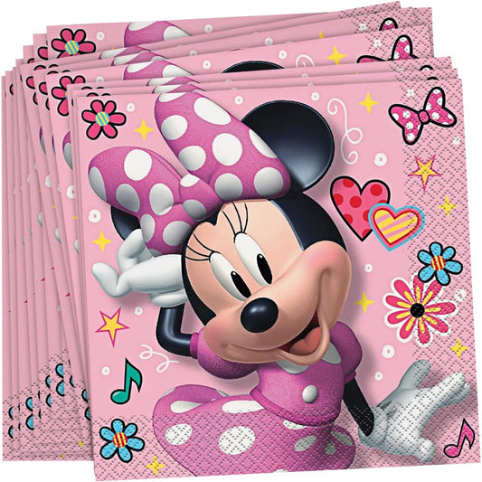 Unique Minnie Mouse luncheon napkins folded for a playful party table and quick cleanup.