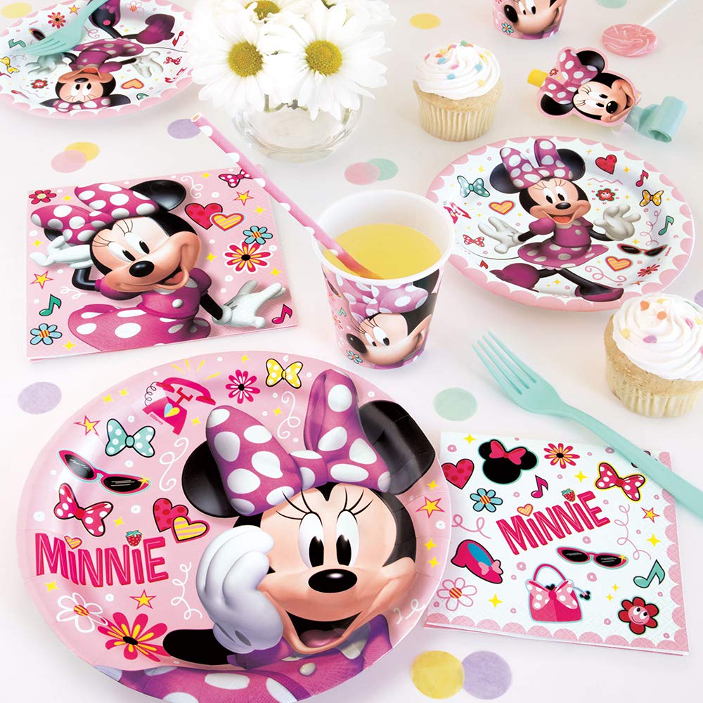 Unique Minnie Mouse luncheon napkins on table create themed setup and easy post-party cleanup.