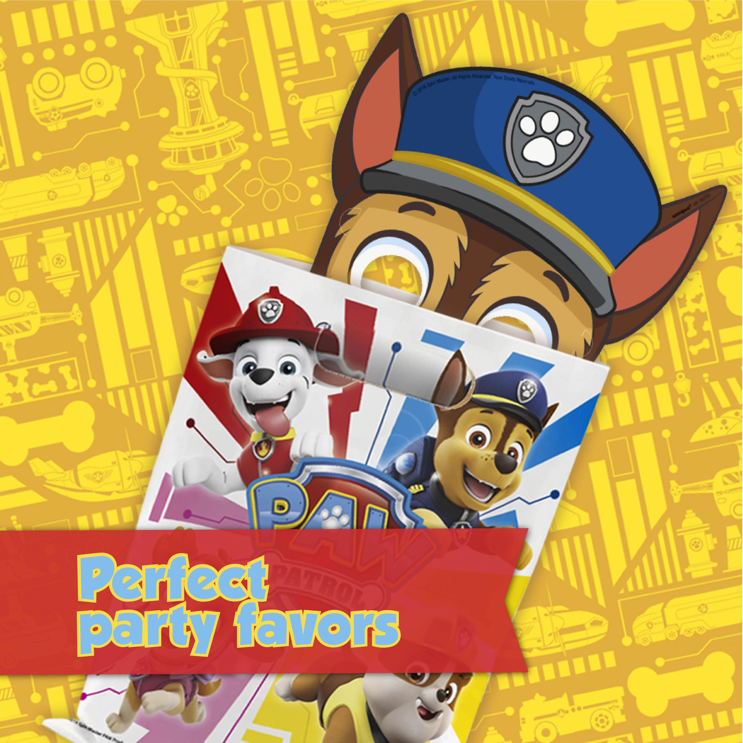 Unique Paw Patrol party pack of 16 masks for goody bags and décor.