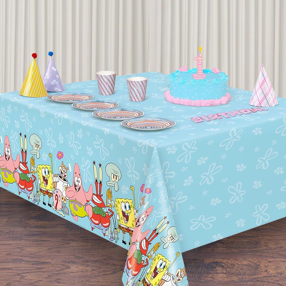 Unique SpongeBob 54x84 table cover protects tables at parties.