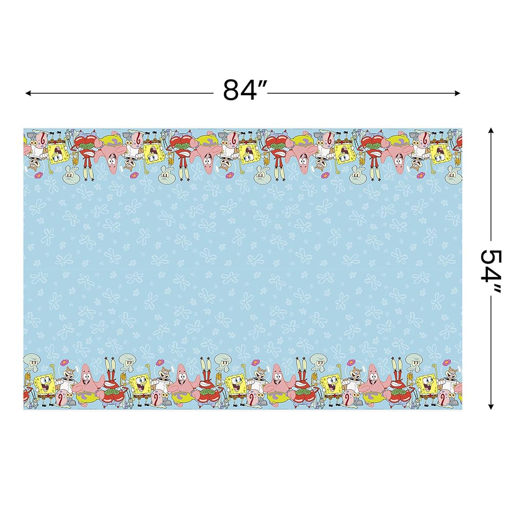 Unique SpongeBob and friends on a colorful table cover for celebrations.