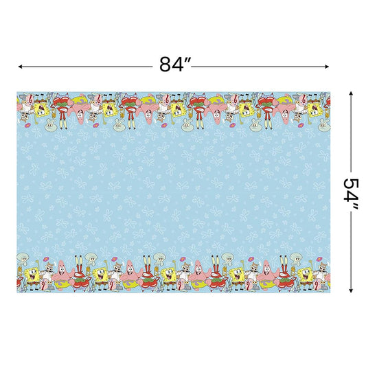 Unique SpongeBob and friends on a colorful table cover for celebrations.