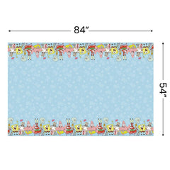 Unique SpongeBob and friends on a colorful table cover for celebrations.