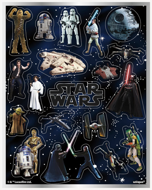 Unique Star Wars sticker sheets brighten party visuals with a vibrant multicolor collection.