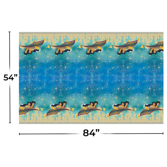 Unique Disney Aladdin table cover shown with vibrant multicolor design for memorable celebrations.