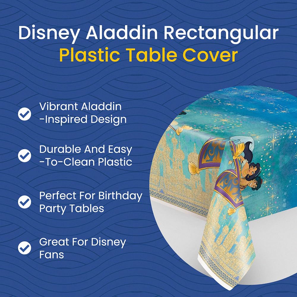 Unique table cover protecting surfaces while adding magical Aladdin-inspired vibes for any Disney event.